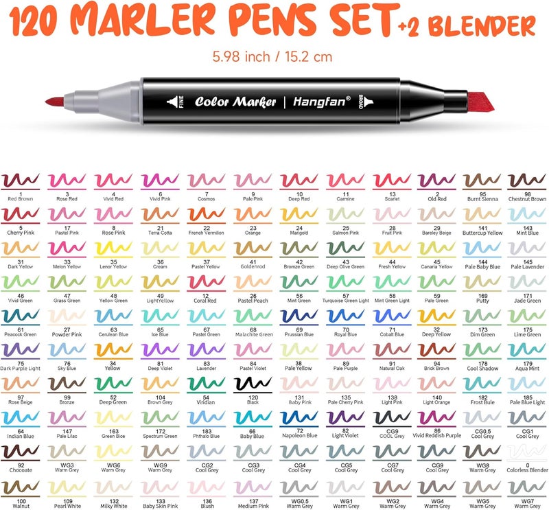 HandFan Alcohol Based Ink Art Markers, 120 Colors Broad&Fine Dual Tip Permanent Markers Pen Set for Professional Student Child Coloring Illustrations Sketch Drawing Painting Card Making (Black) - Image 2